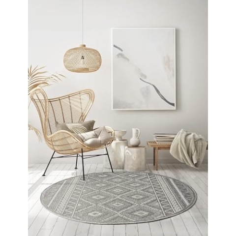the carpet Calgary - robuster Teppich, Flachgewebe, modernes Design, ideal für Wohnzimmer, Esszimmer und Außenbereich, In- und Outdoor, Vintage-Optik, Boho-Style, Grau-Raute, 160 cm Rund