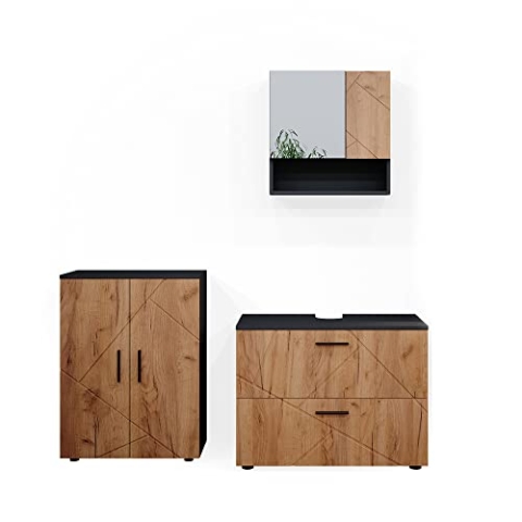 Vicco Badmöbel-Set Irma, Anthrazit/Eiche, 3 Teile, mit Unterschrank 80 cm