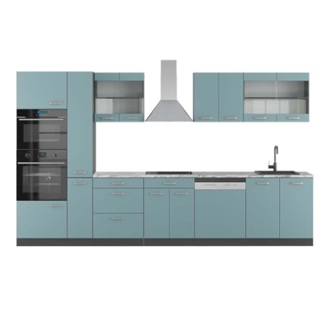 Vicco Küchenzeile R-Line, Blau-Grau/Anthrazit, 350 cm mit Hochschrank, AP Marmor