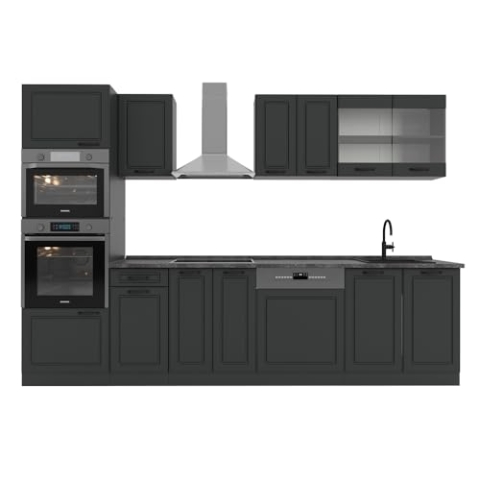 Vicco Küchenzeile R-Line, Anthrazit Landhaus/Anthrazit, 300 cm mit Hochschrank, AP Anthrazit