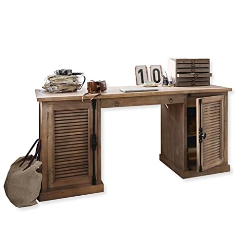 Loberon Schreibtisch Woodmore, Handgearbeitet, Zwei Lamellentüren, viel Stauraum, Bürotisch, Arbeitszimmer, Mangoholz, antikbraun