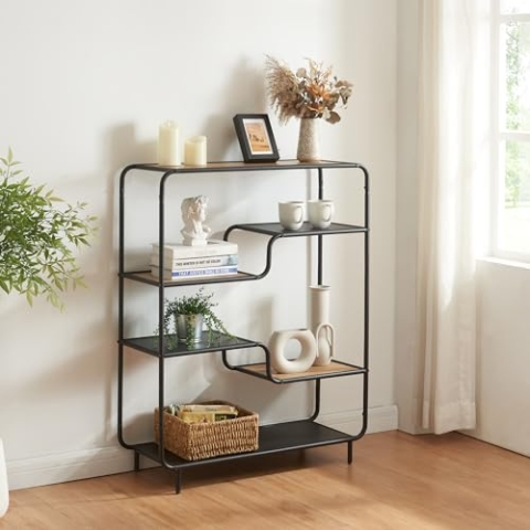 [en.casa] Standregal Kristiansand Bücherregal mit 6 Ablagen Wohnzimmerregal stehend mit Metallgestell Mehrzweckregal 101 x 80 x 30 cm Schwarz/Eiche-Optik