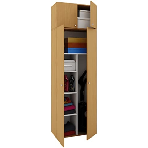 VCM Besenschrank | 6 Fächer | Maße B. 70 x H. 238 x T. 40 cm | Haushaltsschrank | Mehrzweckschrank | Aufsatz mit Zwei Türen - Vandol Buche