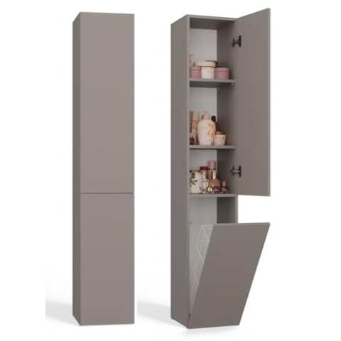CDF Bad-Hochschrank NEL IV | Farbe: Lehm (grau) | Modernes Badregal | Stauraumschrank | Geräumige Einlegeböden | Türen | Einfache Montage | Stilvolle Griffe