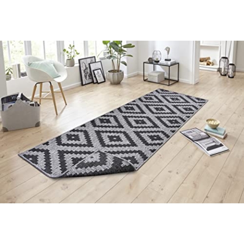 NORTHRUGS In- und Teppich Malta 80x350cm - Wendeteppich Wetterfest Geometrisches Muster für Balkon Terrasse Garten Wintergarten Wohnzimmerteppich Wasserfest in Night Silver,105461-80x350,Night Silber