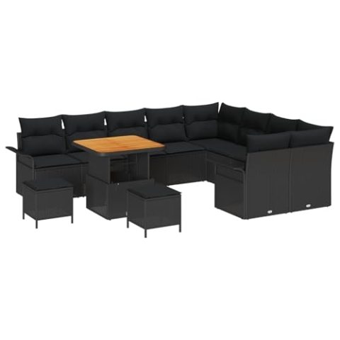 vidaXL 12-teiliges Garten-Sofa-Set mit Kissen Schwarz Poly-Rattan Akazie, 2-Sitzer Garten-Sofa mit Stauraum & Kissen Schwarz Poly-Rattan