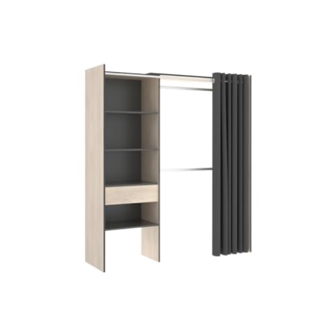 Kleiderschrank mit 1 Schublade und Vorhang Suite 160-110 cm Natur - Graphit