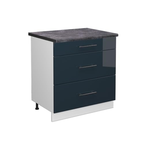 Vicco Küchenunterschrank Fame-Line, Dunkelblau Hochglanz/Weiß, 80 cm mit 3 Schubladen, AP Anthrazit