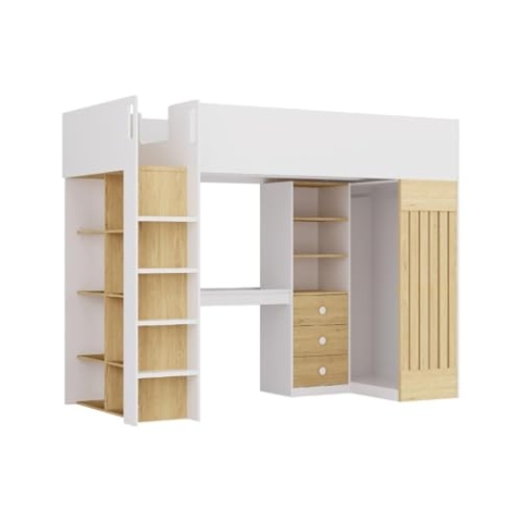 Vente-unique-Hochbett mit Schreibtisch & Kleiderstange - 90 x 190 cm - Weiß & Holzfarben - LORINTI