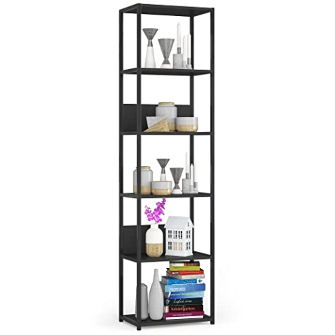 AKORD Bücherregal mit 6 Ablagen 50cm breit | Industrial/Loft-Style | Offen | Skelettbauweise | Standregal | Holz/Metall | Für Küche, Schlafzimmer, Büro | Regal mit Metallrahmen | Schwarz