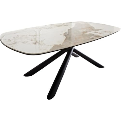 DELIFE Wohnzimmertisch Sarita Keramik Minas Melange Weiß-Beige 120x70 cm Gestell Metall Schwarz