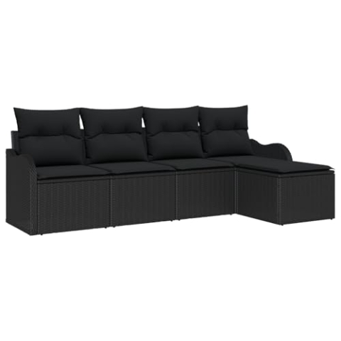 vidaXL 5-teiliges Garten-Sofa-Set mit Kissen Schwarz Poly-Rattan, 2-Sitzer Garten-Sofa mit Kissen Schwarz Poly-Rattan