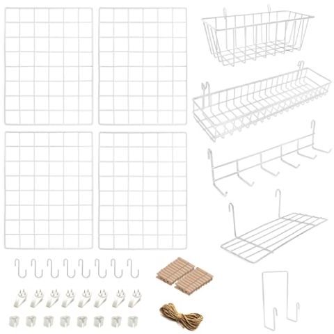 ODOXIA 4er-Pack Wandgitter mit Zubehör | Inklusive Hänge-Körbe, Brief-Sortierer, Hänge-Regal & Haken-Gestell | Gitter Pinnwand | Deko für Heim, Büro & Küche zum Aufhängen | Fotowand | Metall & Weiß