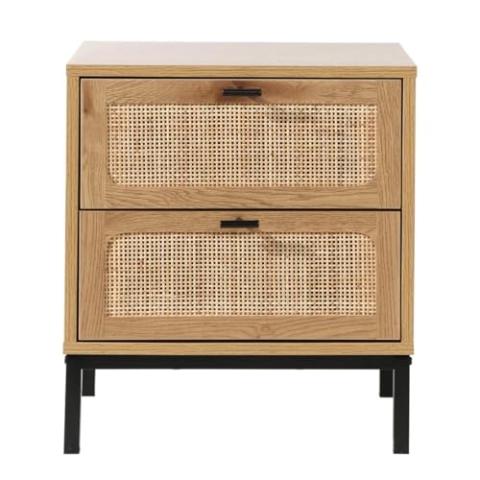CALICOSY - Nachttisch mit 2 Schubladen - Eichenoptik - Rattangeflecht - Spanplatten - Füße und Griffe aus Metall - Schlafzimmer, Wohnzimmer, Büro - Exotisches & Industrial Design - B45 x T29 x H 51cm