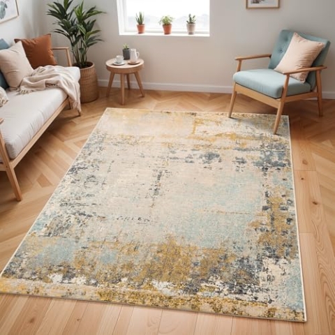 Livabliss Lublin Wohnzimmer Teppich Modern - Abstrakt Design in Marmor Optik für Wohnzimmer, Esszimmer, Schlafzimmer 160x220 cm - Weicher Kurzflor in Beige, Gelb, Grau