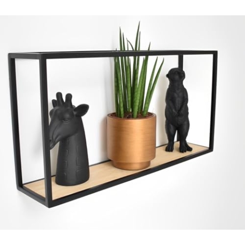 Galeara design Wandregal Metall Schwarz mit Bambusholz SOTO (Schwarz, 42cm x 27cm x 12cm (1 cm Dicker Stahl))