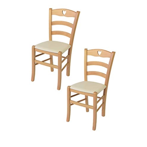 Tommychairs - 2er Set Stühle CUORE für Küche und Esszimmer, Robuste Struktur aus lackiertem Buchenholz im Farbton Naturfarben und gepolsterte Sitzfläche mit Kunstleder in der Farbe Elfenbein bezogen