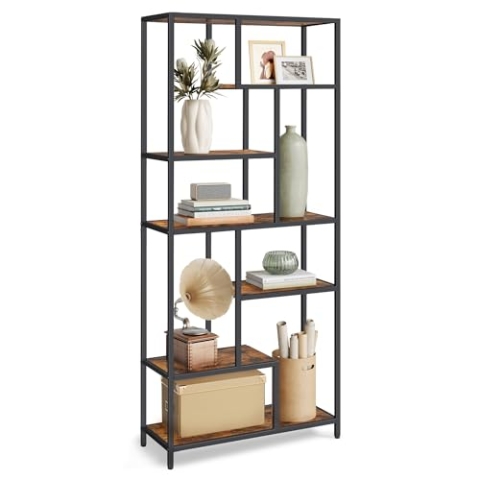 VASAGLE Bücherregal, Regal mit 6 Ablagen, Standregal, Ablagen aus Holzspan, 30 x 80 x 180 cm, für Arbeitszimmer, Büro, Wohnzimmer, Schlafzimmer, Küche, tintenschwarz-vintagebraun LLS119B01