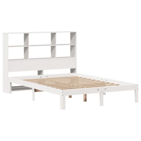 vidaXL Massivholzbett, Bett Kopfteil mit Bücherregal ohne Matratze, Bettgestell mit Lattenrost, Holzbett Doppelbett für Schlafzimmer, Weiß 120x200cm Kiefer