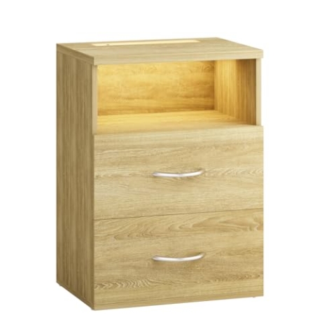 Casaria® Nachttisch Touch LED Beleuchtung 40x28x55 cm Dimmbar Holz 2 Schubladen Boxspringbett Schlafzimmer Wohnzimmer Beistelltisch Nachtschrank Eiche