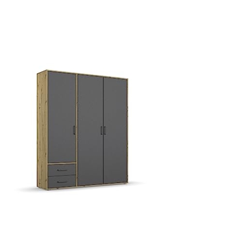 Rauch Möbel Voyager Schrank Kleiderschrank Drehtürenschrank, Grau metallic/Eiche Artisan, Holz, Schwarz, 3-türig mit 2 Schubladen, inkl. 1 Kleiderstange, 3 Einlegeböden BxHxT 140x194x53 cm