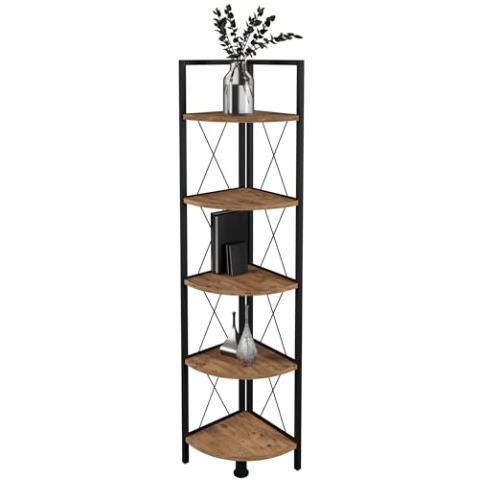 VCM Holz Metall Eckregal Aufbewahrung Stand Regal Bücherregal Deko Bücher Standregal Insasi 5 Honig-Eiche