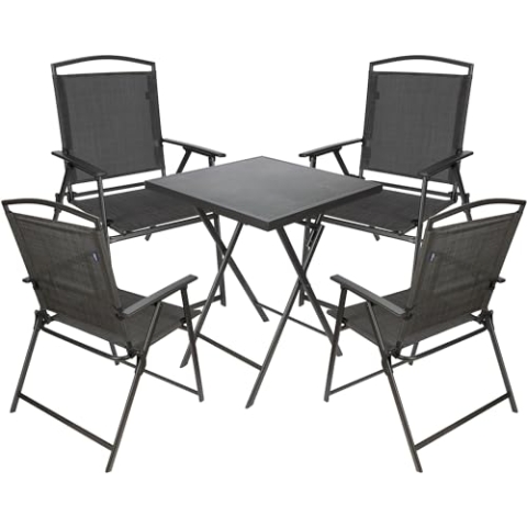 BRUBAKER Garten Sitzgruppe Bergamo - 1 Klapptisch eckig mit 4 Camping Stühlen - Wetterfest und platzsparend - Gartenstühle Campingstühle mit Tisch für Balkon und Terrasse - Dunkelgrau