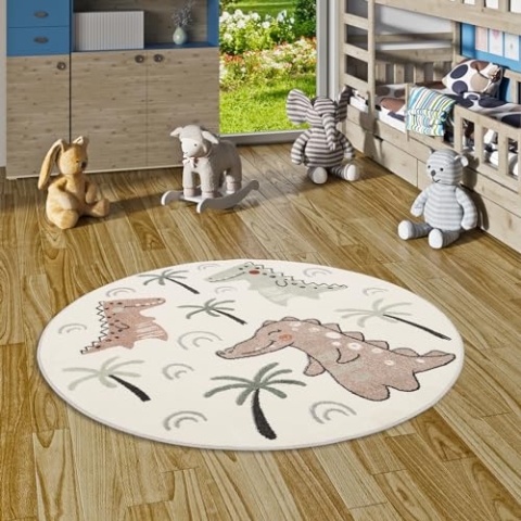 Pergamon Kinder Teppich Weich Kinderzimmer Softstar Kids Kinder Teppich Softstar Kids Lustige Dinos Bunt Rund in 3 Größen