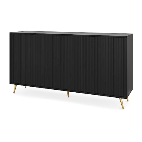 Selsey Bello - Kommode in Schwarz mit Lamellen, goldene Beine, 154 cm breit
