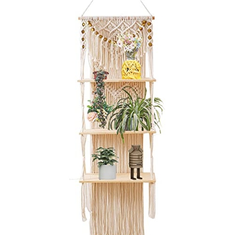 Tiamu Makramee Wandregal, 3 Tier Schweberegal Bücherregal, Hängeregal Wandbehang Regal Wanddeko, Holzregal Lagerregal, Bad Aufbewahrungsregal, Schwimmende Regal für CD DVD