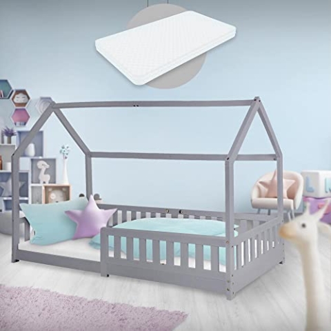 ML-Design Kinderbett 90x200 cm Hellgrau mit Matratze H:16cm, Rausfallschutz, Dach, Lattenrost, Massivholz Spielbett, Hausbett für Mädchen/Jungen, Bettenhaus Kiefernholz, Jugendbett Kinderhaus Holzbett