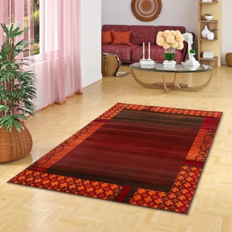 Pergamon Designer Teppich Samba Modern Rot Orange Bordüre in 5 Größen