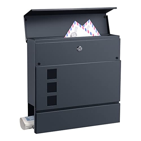 [en.casa] Briefkasten Kahla 37 x 37 x 11 cm Postkasten mit Zeitungsröhre Wandbriefkasten mit 3 Fenster Abschließbar mit 2 Schlüssel Stahl Anthrazit