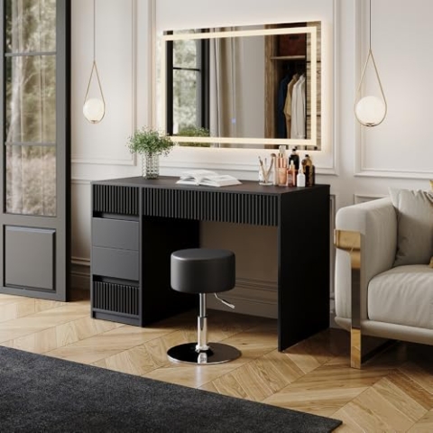 Vicco Schminktisch Omira, Schwarz, 120 cm mit LED-Spiegel und Hocker