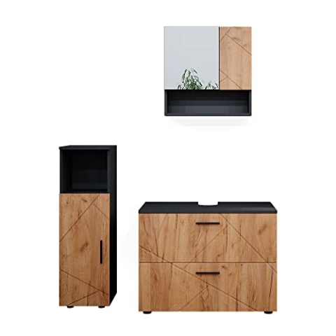 Vicco Badmöbel-Set Irma, Badezimmerschrank-Set, Anthrazit/Eiche, 3 Teile, mit Midischrank