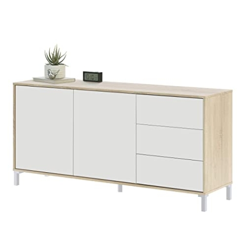Sideboard mit zwei Türen und drei Schubladen, Eichenfarbe, 154 x 74 x 41 cm.