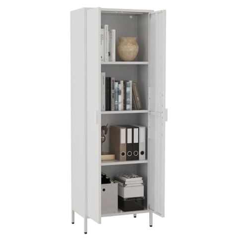 VCM Büroschrank mit 4 Fächern | Bücherschrank | Metallschrank | Maße ca. H. 180 x B. 60 x T. 35 cm - Flokas XL Weiß