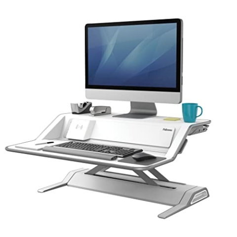 Fellowes höhenverstellbarer Sitz-Steh Schreibtischaufsatz Lotus DX, stufenlos höhenverstellbar mit SmoothLift, zwei Plattformen, Qi-Ladepad und USB Ports, antibakterieller Microban Schutz, weiß