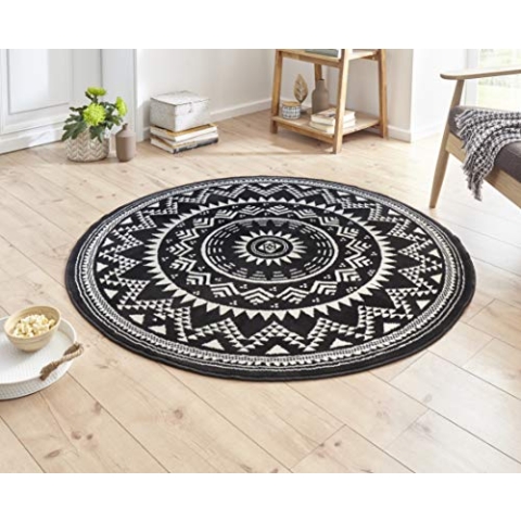 Hanse Home Teppich Valencia Rund – Mandala Teppich Kurzflor Modern Vintage Teppiche für Esszimmer, Wohnzimmer, Kinderzimmer, Flur, Schlafzimmer, Küche – Schwarz Creme ø140cm