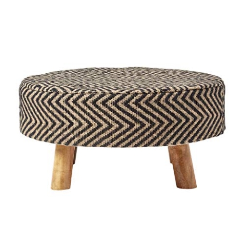 Homescapes Jute-Hocker rund 62x30 cm – Flacher Fußhocker mit Massivholzbeinen & Ethno-Muster in Schwarz-Natur, Schemel mit Stoffbezug, handgefertigt aus Naturmaterialien