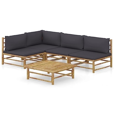 vidaXL Gartenmöbel 5-TLG. mit Dunkelgrauen Kissen Garten Garnitur Sitzgruppe Sofa Gartensofa Lounge Sitzgarnitur Gartenset Ecksofa Mittelsofa Bambus