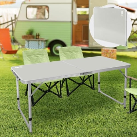 ECD Germany Alu Campingtisch Klapptisch, höhenverstellbar 120x60x54-70 cm, Grau, HDPE-Platte, klappbar, tragbar, leicht, Falttisch mit Griff, Koffertisch Gartentisch Reisetisch Balkontisch Esstisch