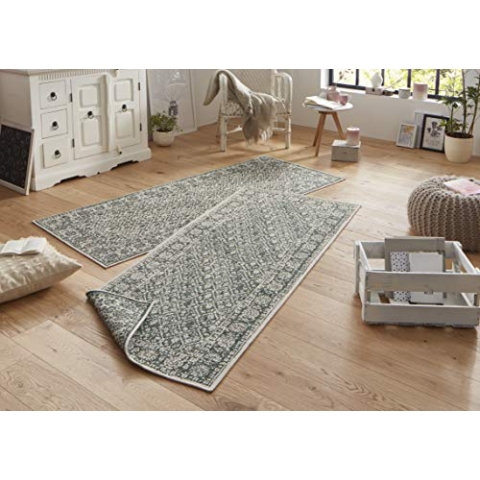 NORTHRUGS Outdoor Teppich Curacao-Wendeteppich Wetterfest Modernes Grafisches Muster Läufer für Balkon Terrasse Garten Wintergarten Wohnzimmerteppich Wasserfest, Polypropylen, Grün Creme, 80x250cm