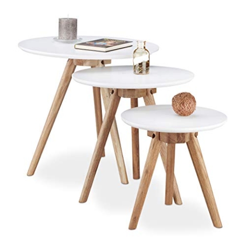 Relaxdays Beistelltisch 3er Set, Tischbeine aus Walnuss-Holz, weiße Tischplatte 50, 40 und 32 cm, im nordischen Design, weiß / natur