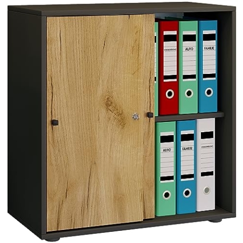 VCM Büroschrank mit 2 Fächern | moderner Aktenschrank mit Schiebetüren | Maße ca. B. 70 x H. 73 x T. 37 cm – Lona 2-Fach Anthrazit/Honig-Eiche