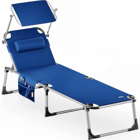 Casaria® Sonnenliege Klappbar 180kg Belastbar Seitentasche Abnehmbar Wetterfest Gartenliege mit Dach Kopfkissen Leicht Alu Liegestuhl Strandliege Blau