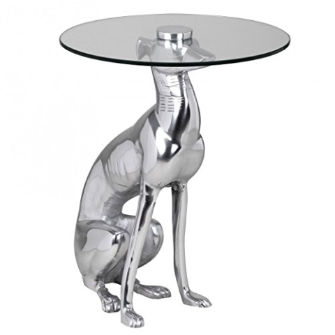 Wohnling Design Beistelltisch Ø40cm Runder Couchtisch Hund 50 cm Hoch Aluminium Tierfigur Ausgefallener Wohnzimmertisch Silber Deko Tisch
