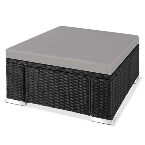 tectake® witterungsbeständiger Outdoor Rattan Hocker mit abnehmbarem Kissen, Lounge Hocker, Balkon Möbel, Gartenmöbel Set, Pouf Ergänzung zu Lounge, Sessel oder als Beistelltisch - schwarz/grau
