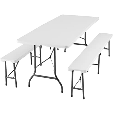 tectake® 3-teiliges Gartenmöbel Set, klappbarer Campingtisch mit 2X Bierbank, Balkonmöbel, Garten oder Terrassentisch Set, Bierzeltgarnitur, mit Tragegriffen, 180cm lang (weiß)