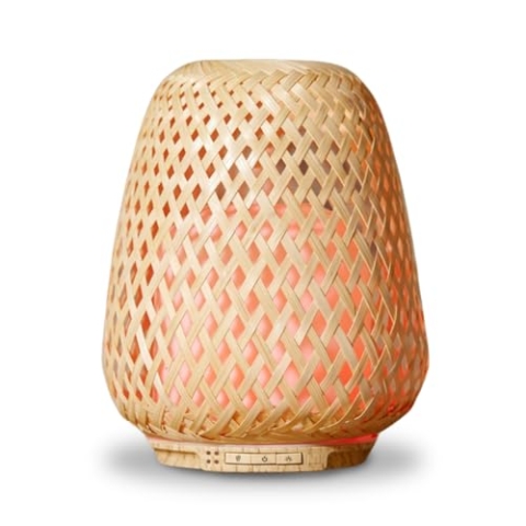Zen'Arôme - Ultraschall-Diffusor für ätherische Öle Olaki (bis zu 40 m²) - Kaltdiffusor für Aromatherapie - Handgefertigtes Zen-Design aus Bambusgeflecht - Einstellbare Beleuchtung